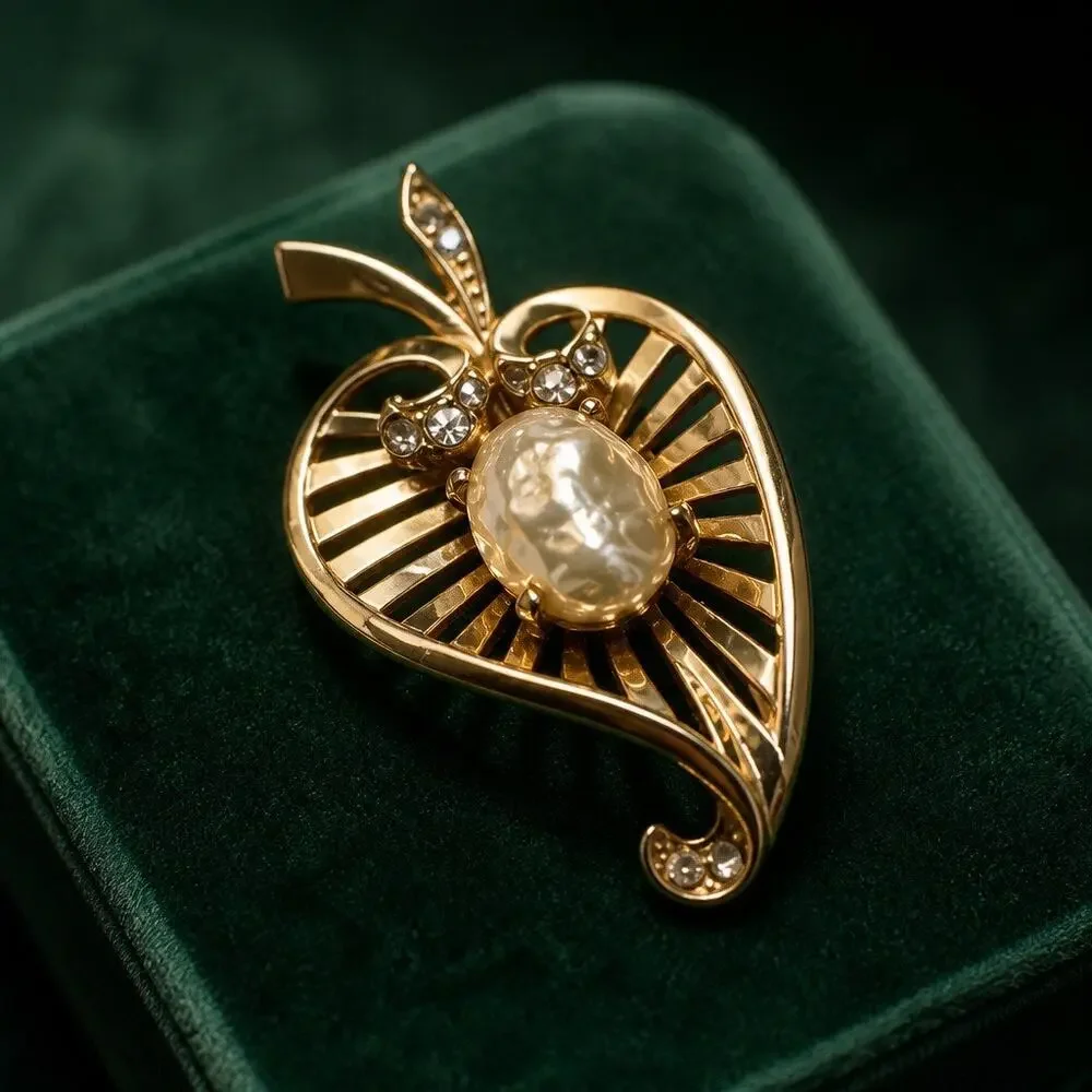 The Golden Autumn Collection: Mid Century Coro Pearl & Rhinestone Leaf Brooch